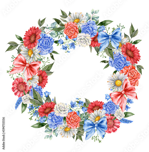 4th of July Patriotic Concept. Independence Day design element. Hand Painted Watercolor Floral Arrabgement . Botaical Illustration
