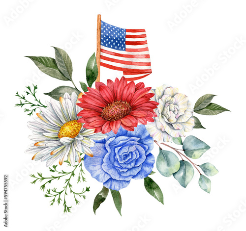 4th of July Patriotic Concept. Independence Day design element. Hand Painted Watercolor Floral Arrabgement . Botaical Illustration
