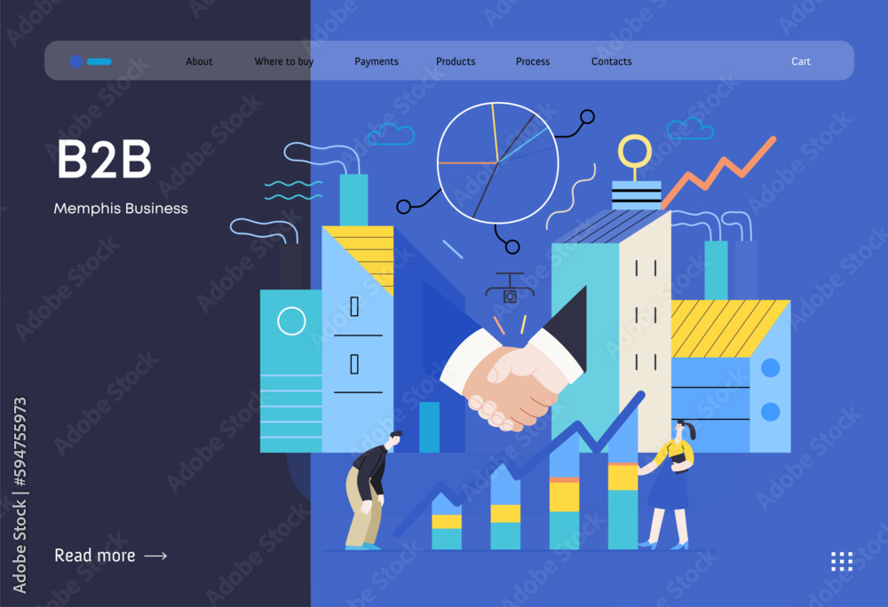 © grivina - Memphis business illustration. B2B -modern flat vector concept illustration of handshaking partners, industrial buildings and chart with managers. Corporate business partnership metaphor. © grivina - Memphis business illustration. B2B -modern flat vector concept illustration of handshaking partners, industrial buildings and chart with managers. Corporate business partnership metaphor.