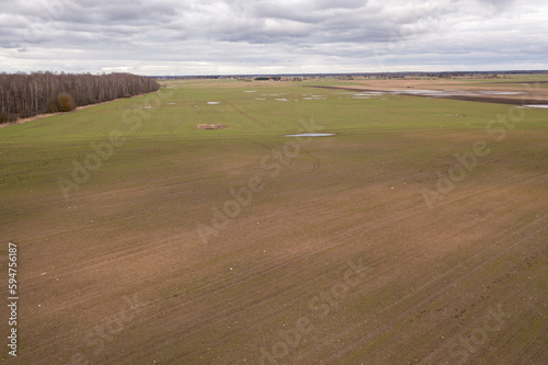 Drone photography of agriculture field during springtime with puddles of water