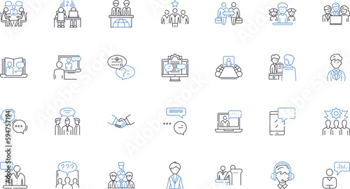 Guests line icons collection. Visitors, Invitees, Attendees, Tourists, Lodgers, Strangers, Clients vector and linear illustration. Patrons,Subscribers,Spectators outline signs set