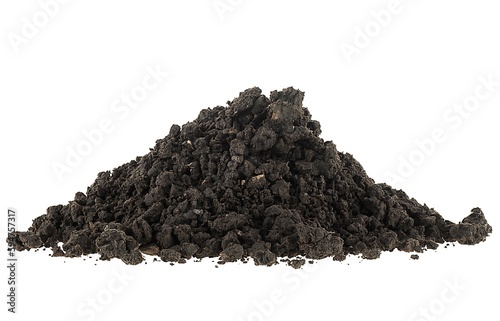 Black soil, humus. Pile of fertile soil isolated on a white background.