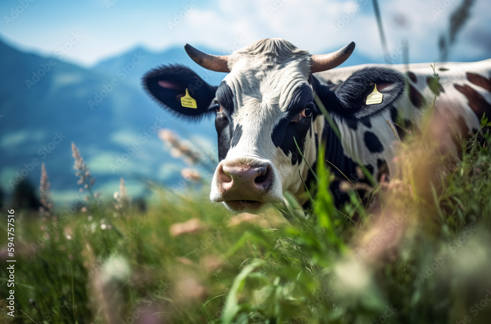 A cow on the grass staring, mountains in the background. Generative Ai.