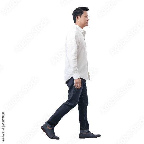Asian man walking in comfort outfit. Full body isolated on transparent background. Dicut, People, PNG