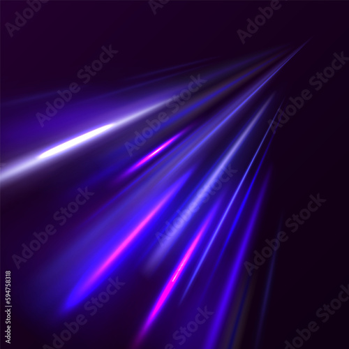 Abstract technology futuristic neon circle glowing blue and white light lines with speed motion blur effect on dark blue background. Light line moving with speed. 