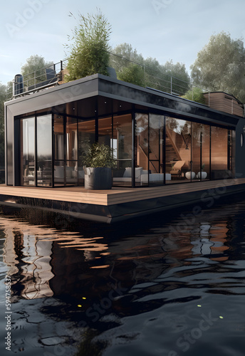 Aqua Haven: Modern Premium Houseboat, AI Generative