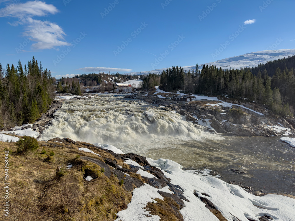 The salmon waterfall in Wefsna river on a spring day, in Northern NorwayIcy running water Laksforsen Norway