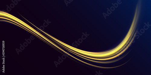 Glowing spark swirl trail tracing on dark blue background. Abstract light lines of movement and speed. Orange and yellow luminosity, abstract neon motion glowing wavy lines. Vector illustration. 