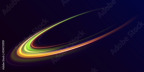 Vector colorful light trail circle. Color neon glowing fire ring trail. Round wave line glitter bokeh with sparkling light. Bokeh glitter round wave flying sparkling flares.