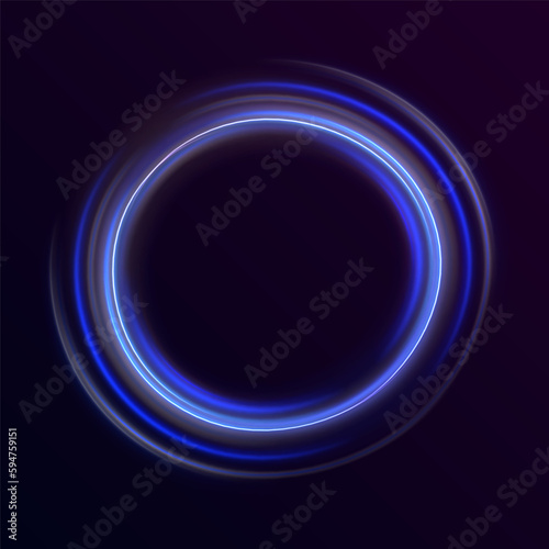 Blue neon glowing fire ring trail. Round wave line glitter bokeh with sparkling light. Vector blue light trail circle. Bokeh glitter round wave flying sparkling flares.