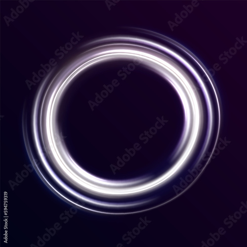 A bright trace from the glowing rays of swirling in a fast motion in a spiral. Abstract neon rings. Abstract light circle neon lighting swirl effect, spiral light lines. Beautiful round galaxy vector.