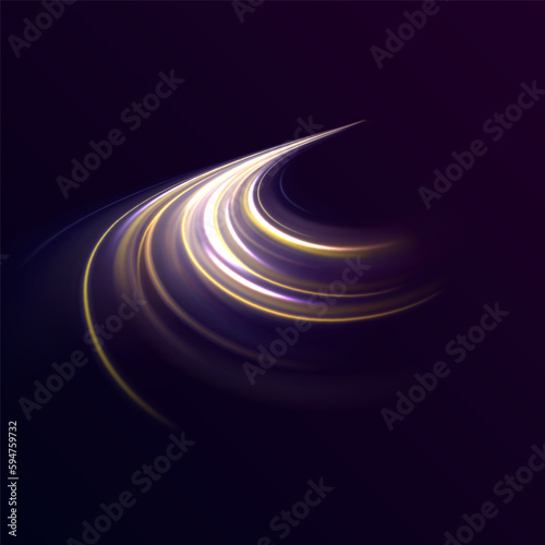 Wavy glowing bright smooth curved lines. Magic glow energy flow movement with particle. Vector image of colorful light trails with motion blur effect.