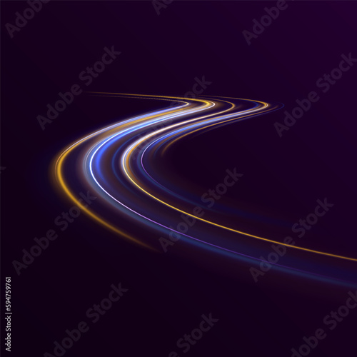 Vector image of colorful light trails with motion blur effect, long exposure. Abstract neon speed glowing wavy lines. Abstract shiny color wave light effect.