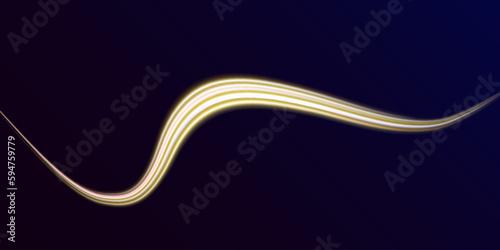 Transparent light effect with crooked trail and golden sparkles. Light trace effect. Vector image of colorful glitter trails with motion blur effect, long exposure. Neon motion glowing wavy line.