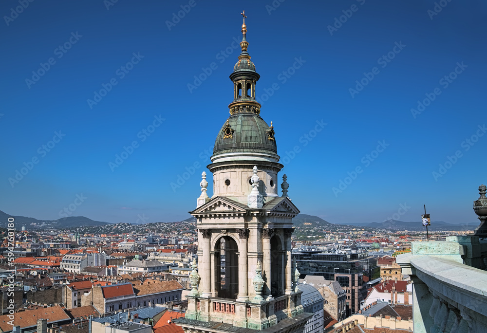 Budapest, Hungary. Bell tower of St. Stephen's Basilica and view over the city. View from the dome of the Basilica.
