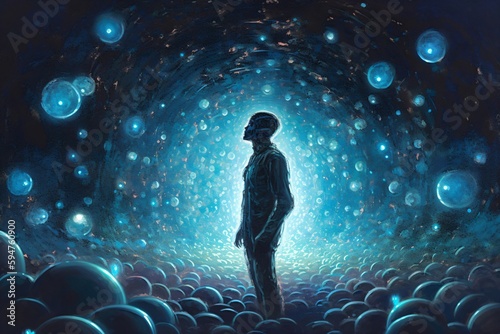 abstract illustration of man between many glowing balls created with Generative AI technology photo