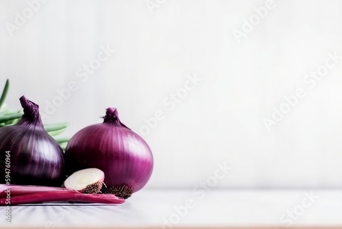 Close up of onions on white background with copy space - Generative AI 