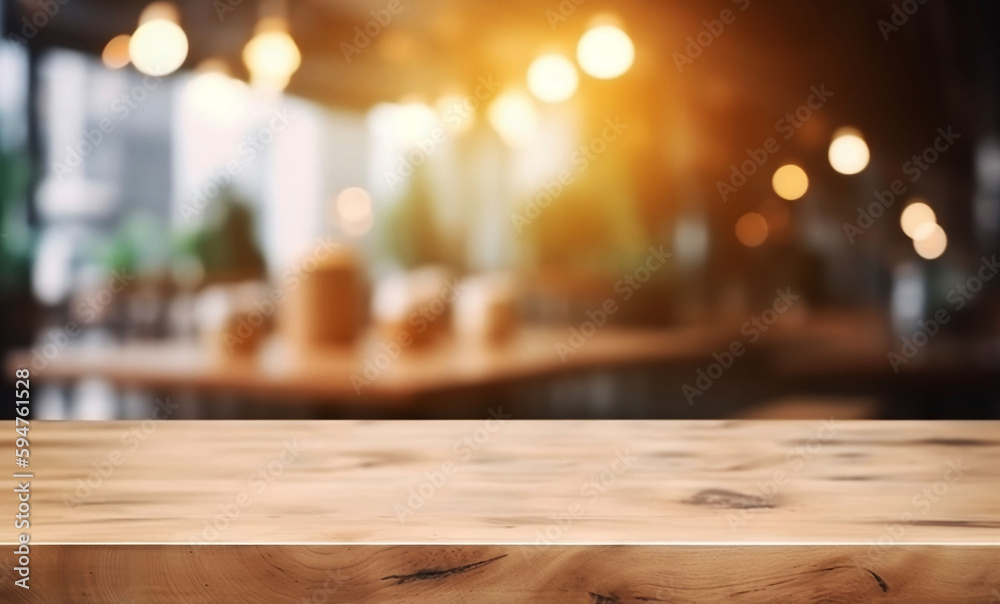 Empty wooden cafe table for product with blurred background and copy space Empty wooden cafe table for product with blurred background and copy space