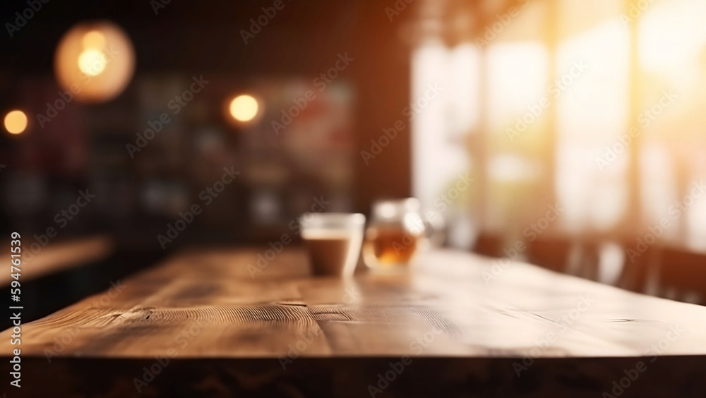 Empty wooden cafe table for product with blurred background and copy space