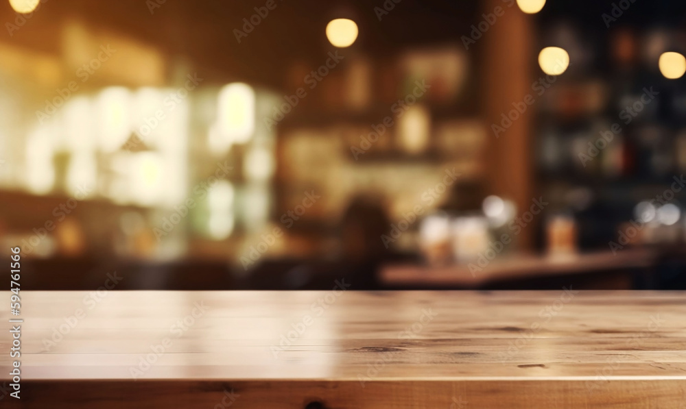Empty wooden cafe table for product with blurred background and copy space
