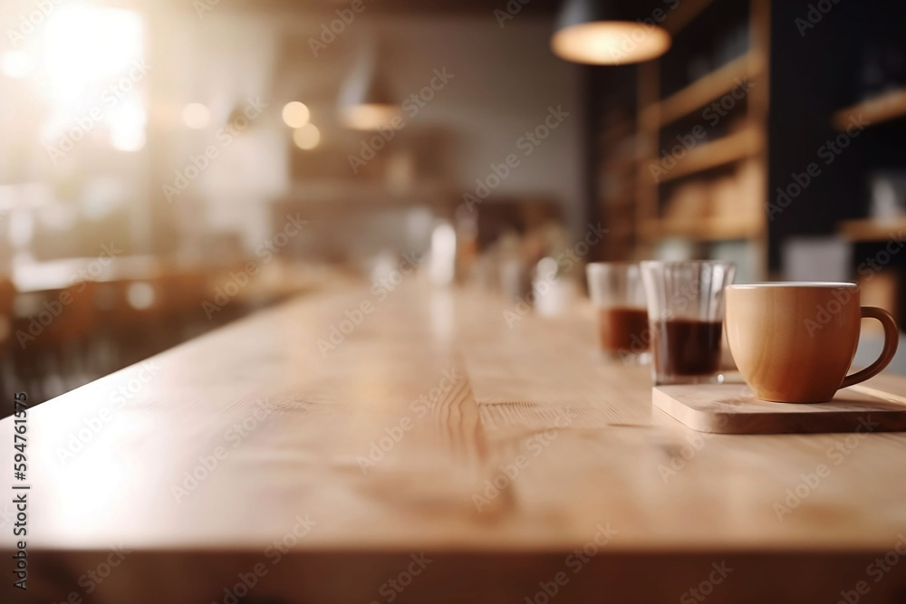 Fototapeta premium Empty wooden cafe table for product with blurred background and copy space