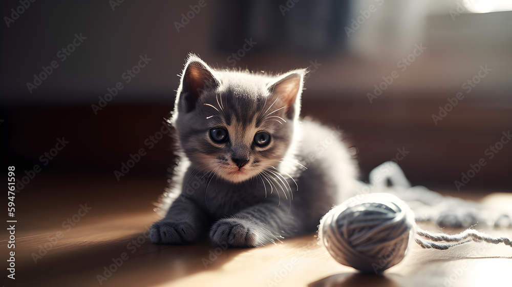 A playful grey kitten enjoys a ball of yarn in the sun in a cozy living room. Generative AI.