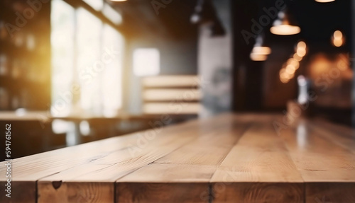 Empty wooden cafe table for product with blurred background and copy space