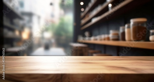 Empty wooden cafe table for product with blurred background and copy space © Thares2020