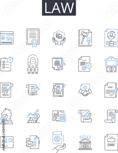 Law line icons collection. Justice, Legislation, Rulebook, Statute, Decree, Regulation, Bylaw vector and linear illustration. Code,Statutory law,Ordinance outline signs set