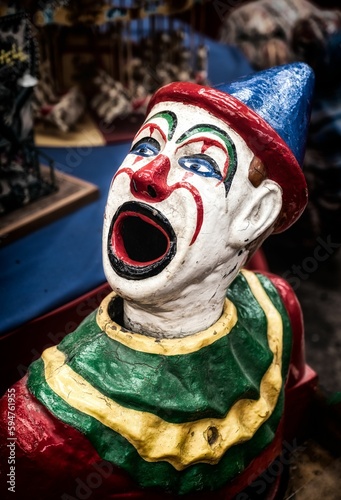Colorful ceramic clown figurine with wide open mouth and vibrant, painted clothing.