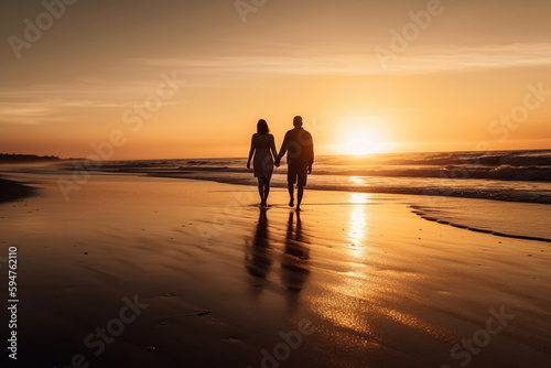 Couple taking a relaxing walk on a beach, holding hands and enjoying the sunset.