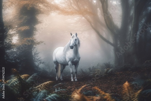 a big white horse stands in the middle of forest created with Generative AI technology © StockMedia