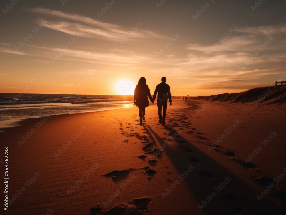  A couple walks hand in hand on a sandy beach at sunset