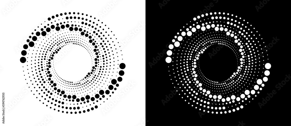 Circle abstract background with dynamic halftone dots in spiral. Black ...