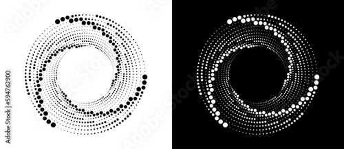 Circle abstract background  with dynamic halftone dots in spiral. Black shape on a white background and the same white shape on the black side.