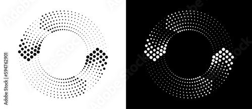 Circle abstract background  with dynamic halftone dots like arrows. Black shape on a white background and the same white shape on the black side.