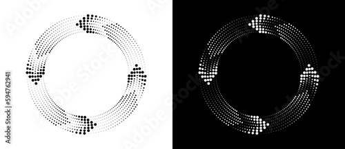 Circle abstract background  with dynamic halftone dots like arrows. Black shape on a white background and the same white shape on the black side.
