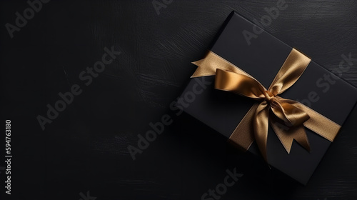 Photo black gift box with golden bow top view background