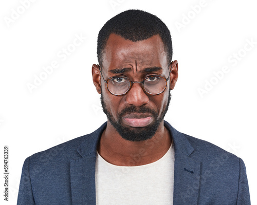 Sad, portrait and black man with depression frown on isolated, transparent and png background. Stress, face and unhappy African businessman with anxiety, fail and disaster, crisis and burnout problem