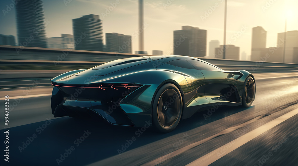 Luxury car speeding on a sleek modern highway with futuristic city skyline in the background. High-tech and urban concept, with sleek lines, fast motion, and a sense of sophistication. The future of c
