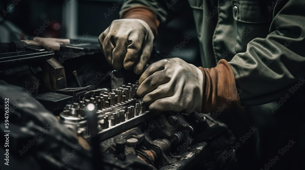 Fototapeta premium Mechanic working on a car engine, wearing safety gloves and using tools. Close-up shot showcasing the technical expertise and attention to detail in automotive repair