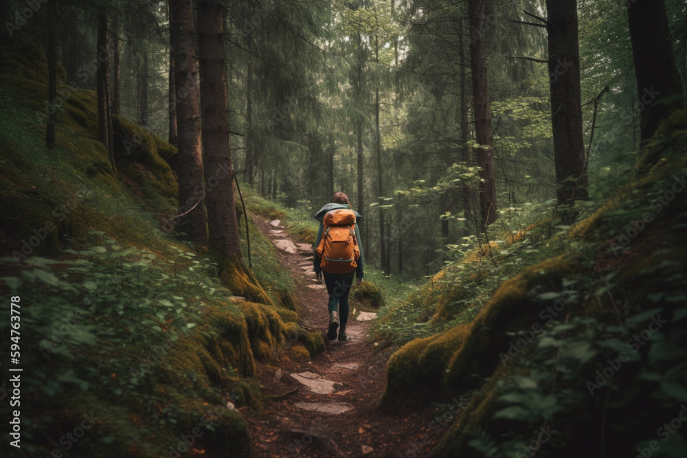 A photo of a person hiking through a forest with a backpack, enjoying the fresh air and beautiful scenery. A photo of a person hiking through a forest with a backpack, enjoying the fresh air and beautiful scenery.