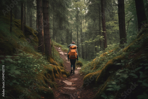 A photo of a person hiking through a forest with a backpack, enjoying the fresh air and beautiful scenery.