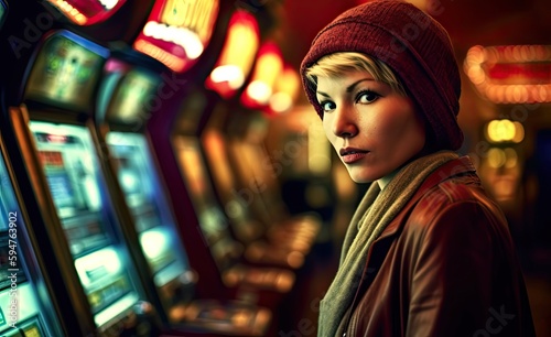Serious sad young woman posing near slot machines in a casino. Generative AI
