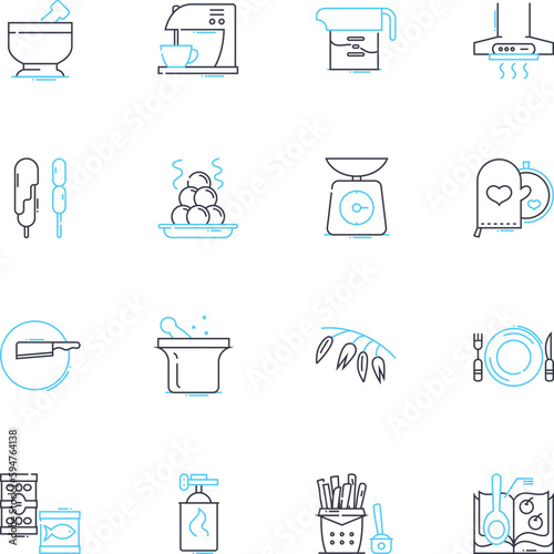 Baking meal linear icons set. Flour, Yeast, Sugar, Butter, Eggs, Milk, Vanilla line vector and concept signs. Cinnamon,Nutmeg,Baking outline illustrations