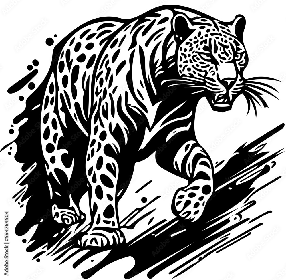 Fototapeta premium Attacking leopard vector illustration in black and white, chasing prey