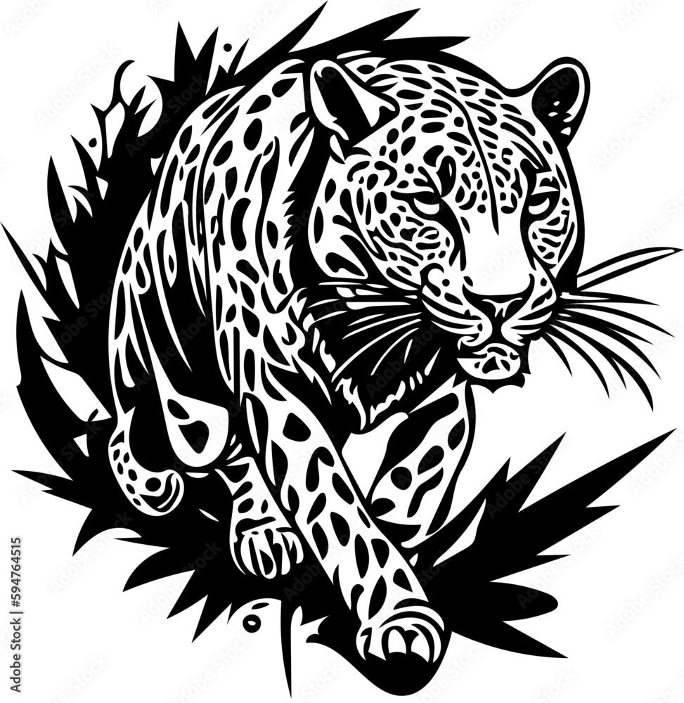 Obraz premium Attacking leopard vector illustration in black and white, chasing prey
