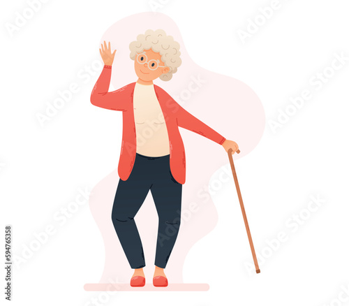 Funny cheerful Dancing or Waving old woman with a cane. Vector isolated flat illustration of Pensioner grandmother.