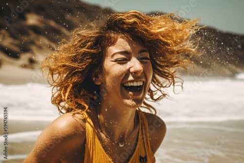 an extremely happy young woman on the beach created with Generative AI technology © StockMedia