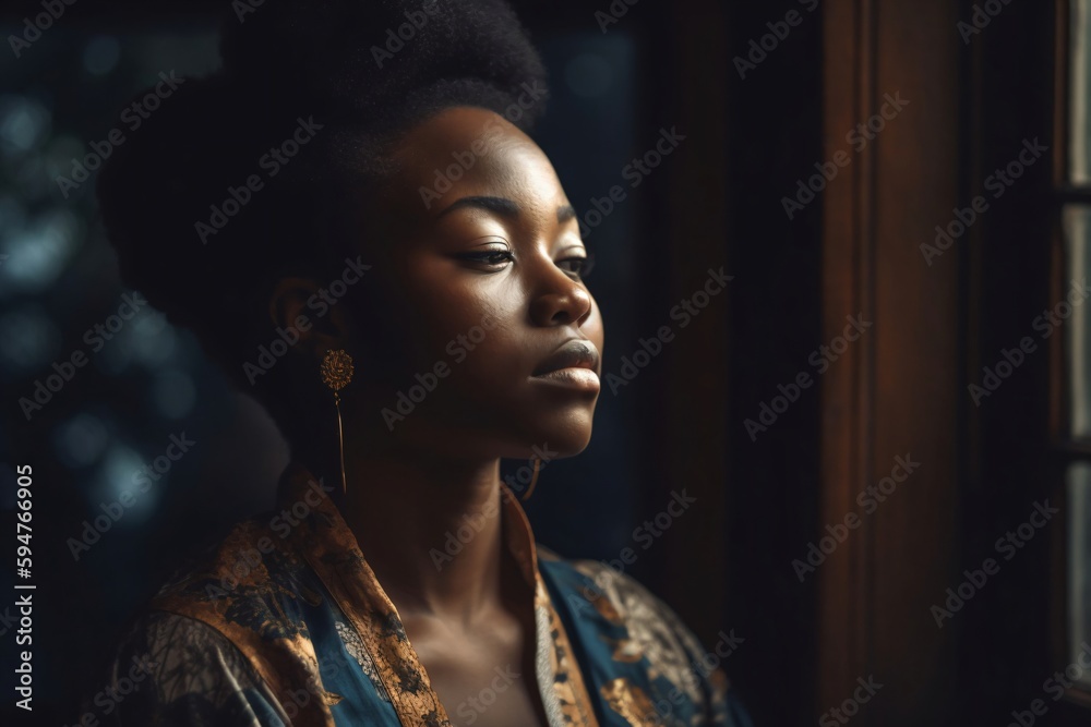a young woman with dark skin looks out of the window created with Generative AI technology a young woman with dark skin looks out of the window created with Generative AI technology